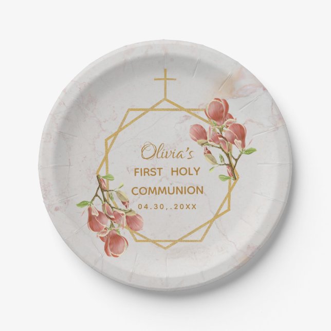First Communion Pink Magnolia Marble Gold Floral Paper Plate (Front)