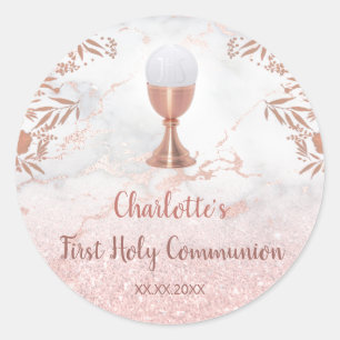 First Communion pink marble decor Classic Round Sticker