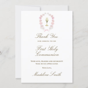 First Communion pink peonies thank you Card