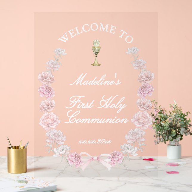 First Communion pink peonies welcome Acrylic Sign (Wedding)