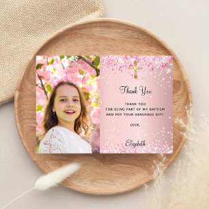 First Communion pink photo thank you card