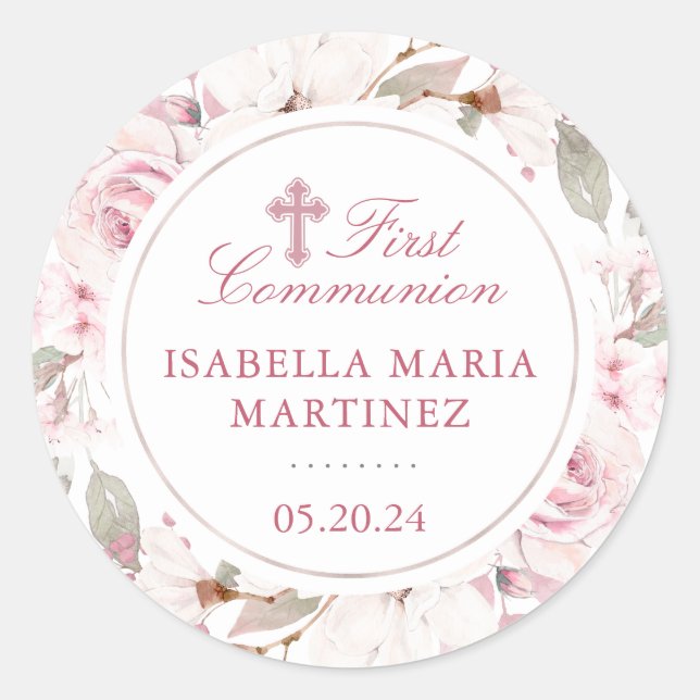 First Communion Pink Rose Cross Envelope Seal (Front)
