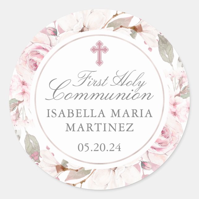 First Communion Pink Rose Cross Envelope Seal (Front)