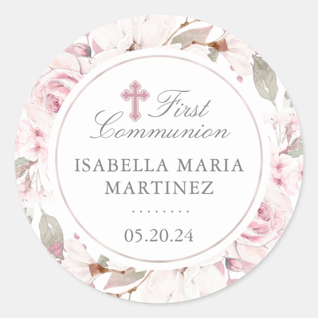 First Communion Pink Rose Cross Envelope Seal (Front)