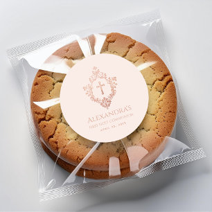 First Communion Pink Rose Gold Crest Elegant Girl Classic Round Sticker