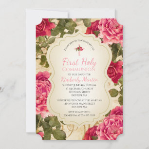 First Communion Pink Vintage Roses Invitation