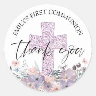 First Communion Purple Wildflowers Thank You Classic Round Sticker