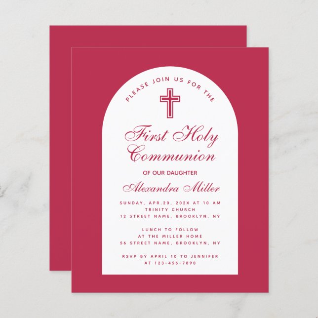 First Communion Red Magenta Budget Girl Invitation (Front/Back)
