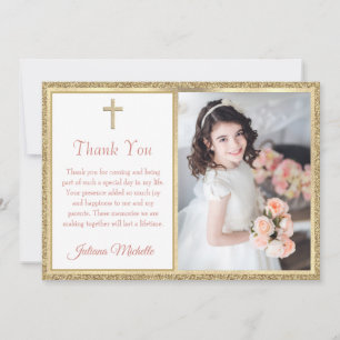 First Communion Religious Gold Cross Girl Thank You Card