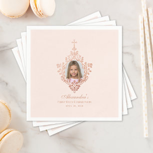 First Communion Rose Gold Cross Girl Photo Blush  Napkin
