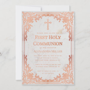 First Communion Rose Gold Elegant Vintage Marble Invitation