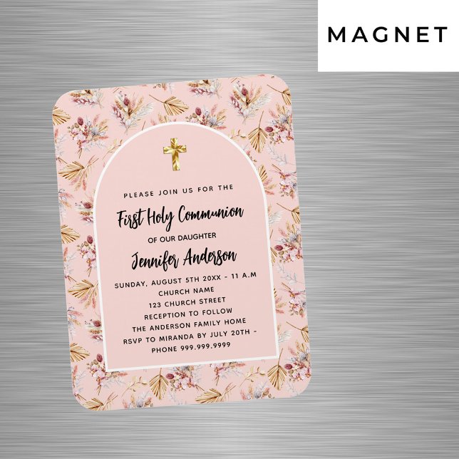 First Communion rose gold flower pampas invitation Magnet (Creator Uploaded)