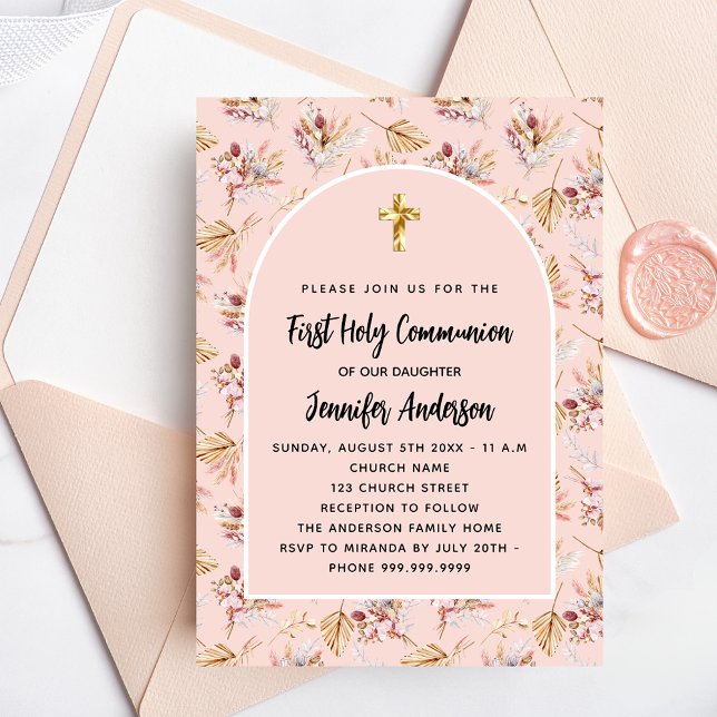 First Communion rose gold flowers pampas luxury Invitation (Creator Uploaded)