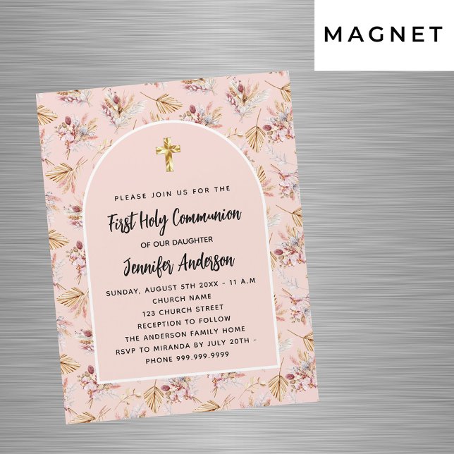 First Communion rose gold flowers pampas luxury Magnetic Invitation (Creator Uploaded)