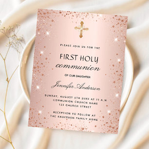 First communion rose gold glitter girl invitation postcard