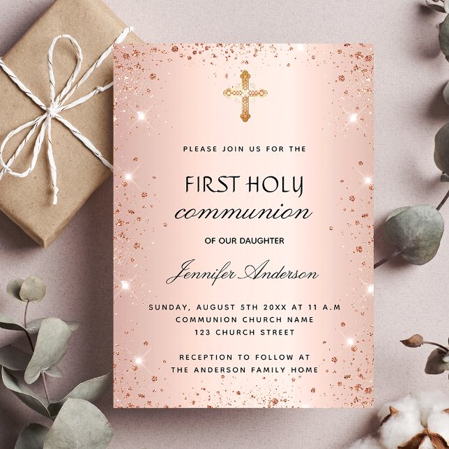 First communion rose gold glitter luxury invitation (Creator Uploaded)