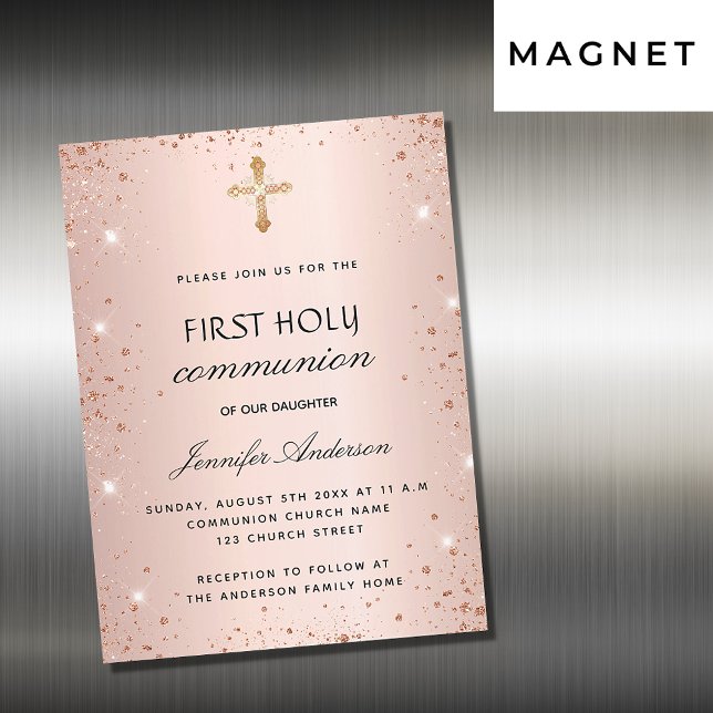 First communion rose gold glitter luxury magnetic invitation (Creator Uploaded)