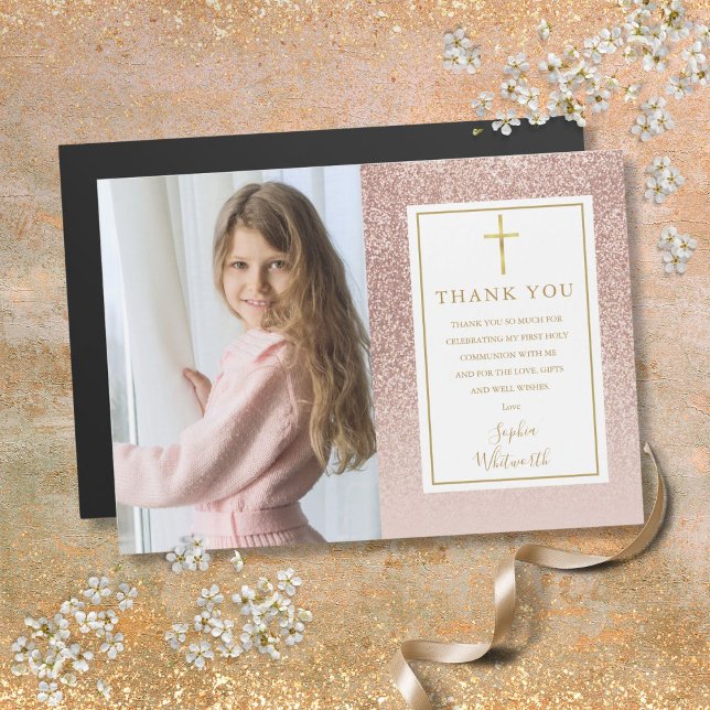 First Communion Rose Gold Glitter Photo Thank You (First Communion Rose Gold Glitter Photo Thank You)