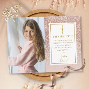 First Communion Rose Gold Glitter Photo Thank You Postcard