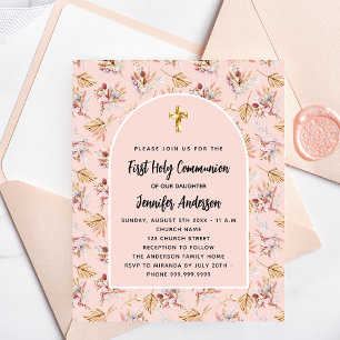First Communion rose gold pampas budget invitation