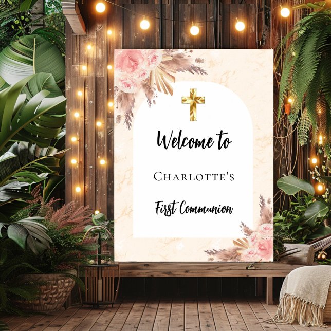 First Communion rose gold peach arch welcome Poster (Creator Uploaded)