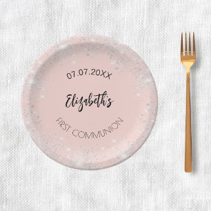 First Communion rose gold silver glitter girl name Paper Plate