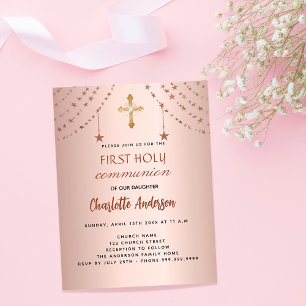 First communion rose gold stars budget invitation