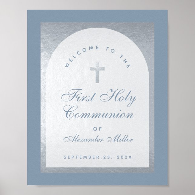 First Communion Silver Arch Dusty Blue Welcome Poster (Front)