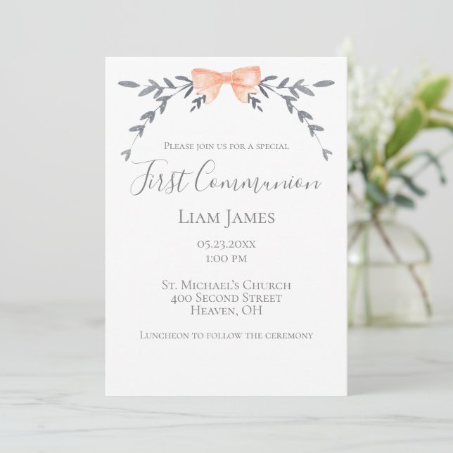 First Communion Silver Leaves Peach Bow Invitation (Standing Front)