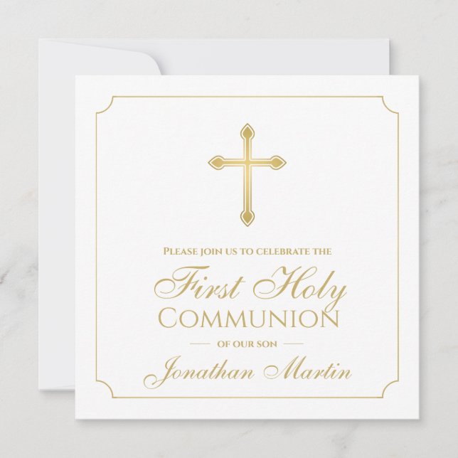 First Communion Simple Gold Cross Boy Christian Invitation (Front)