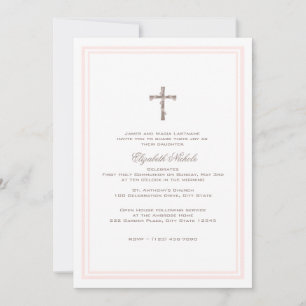 First Communion Soft Pink and Brown Invitation