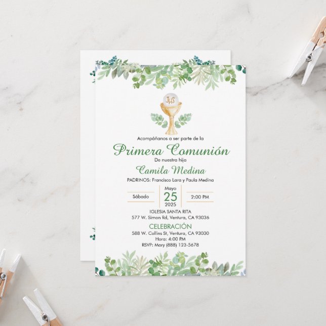 First Communion Spanish Green Leaves Greenery  Invitation (Front/Back In Situ)