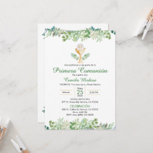First Communion Spanish Green Leaves Greenery  Invitation