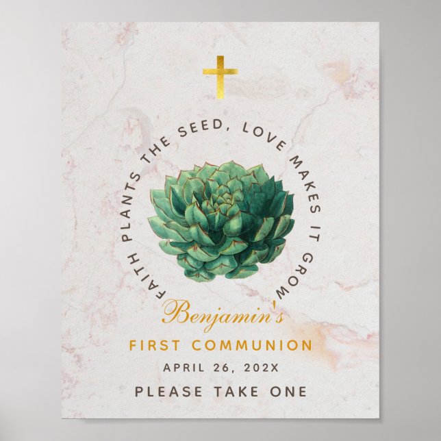 First Communion Succulent Favours Gold Botanical Poster (Front)