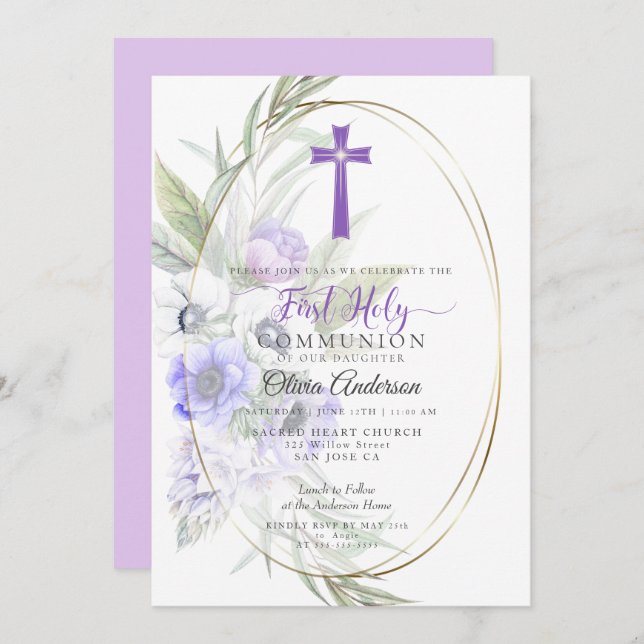FIRST COMMUNION | Violet Anemone Floral Cross 2 Invitation (Front/Back)