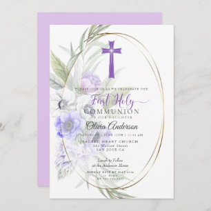 FIRST COMMUNION   Violet Anemone Floral Cross 2 Invitation