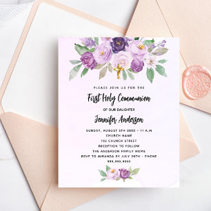 First Communion violet flowers budget invitation
