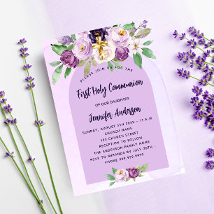 First Communion violet purple flowers cross luxury Invitation