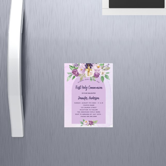 First Communion violet purple flowers cross luxury Magnetic Invitation (Creator Uploaded)