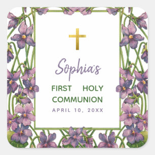 First Communion Violets Cross Purple Green Floral Square Sticker