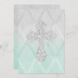First Communion Watercolor Cross Grey and Mint Invitation