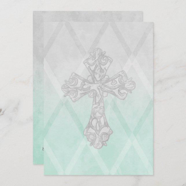 First Communion Watercolor Cross Grey and Mint Invitation (Front/Back)