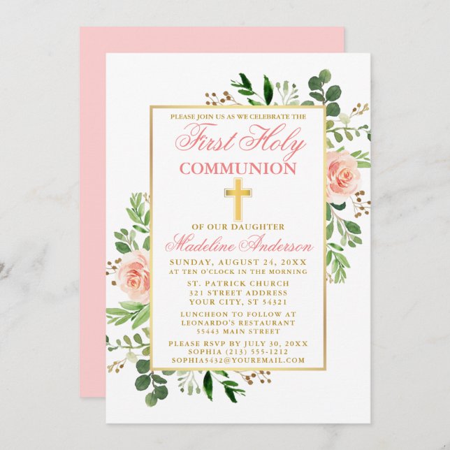 First Communion Watercolor Pink Roses Greenery Invitation (Front/Back)