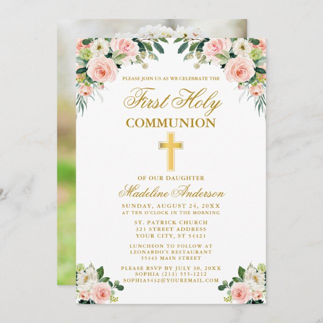 First Communion Watercolor Pink White Floral Photo Invitation (Front/Back)