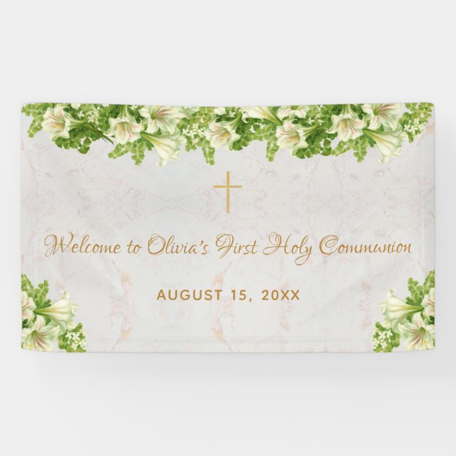 First Communion Welcome Floral White Lilies Marble Banner (Horizontal)