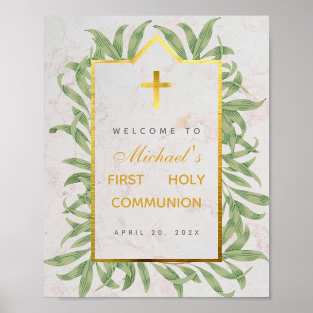 First Communion Welcome Greenery Faux Gold Marble Poster (Front)