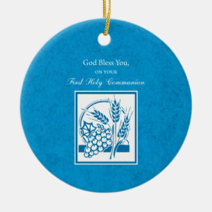 First Communion, Wheat, Grapes Blue Ceramic Tree Decoration