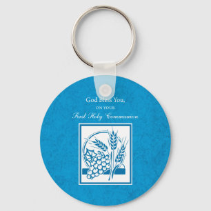 First Communion, Wheat, Grapes Blue Key Ring