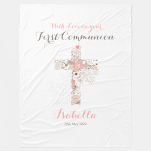 First communion white floral cross name fleece bla