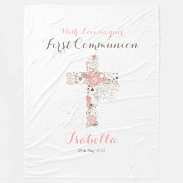 First communion white floral cross name fleece bla (Front)